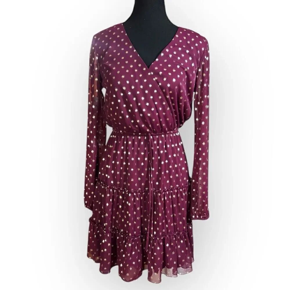 NWOT City Triangles Womens Maroon Gold Dotted Mini Dress Size XS Juniors